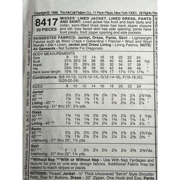 McCalls 8417 pattern suit jacket blazer dress pants skirt 1990s Size 8 10 12 - Picture 4 of 8